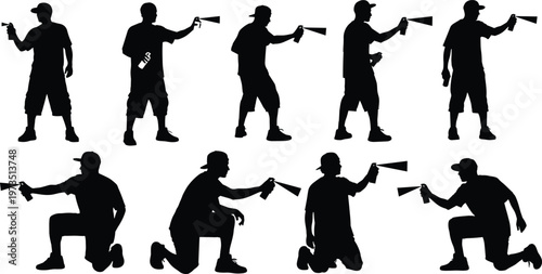 Large collection of street artist silhouettes featuring young men in caps using spray paint cans to create graffiti art isolated on white background