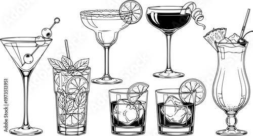 Assorted cocktails collection vector black and white illustration. Various drinks in different glasses with garnishes.