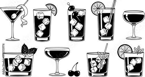 Assorted cocktails collection vector black and white illustration. Various drinks in different glasses with garnishes.