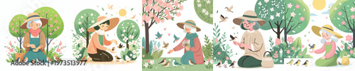 vector of a happy grandma feeding birds in the park