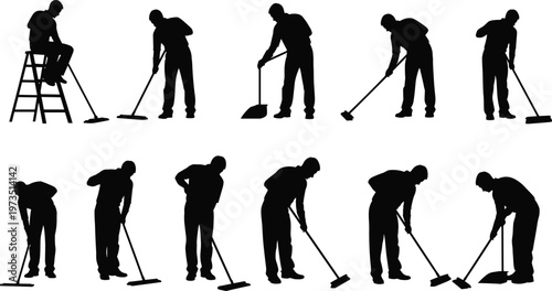 Large collection of professional cleaner silhouettes featuring men sweeping with brooms using dustpans and working on ladders isolated on a white background