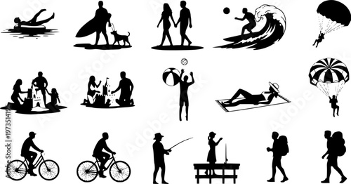 Vector illustration set of silhouette people enjoying summer vacation