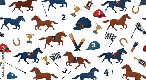 The excitement of horse racing with horses jockeys and trophies on display