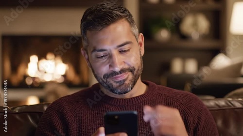 Bearded man using smartphone on sofa in cozy living room.