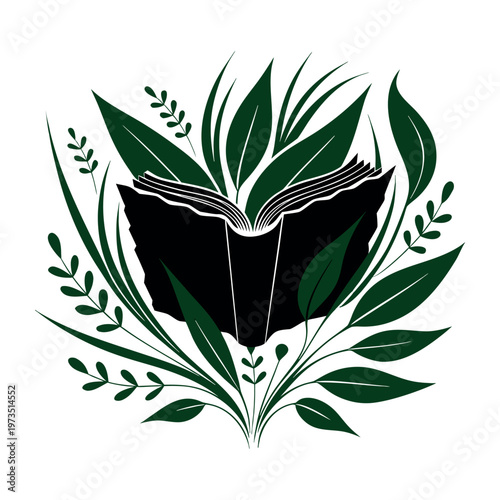Floating Open Book With Surrounding Green Leaves Illustration