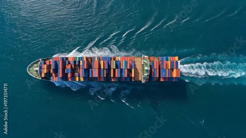 Cinematic Top View of Large Container Cargo Ship Sailing Across Deep Blue Ocean with Colorful Shipping Containers and Smooth Stable Motion