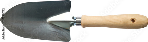 Metal garden trowel with a wooden handle isolated on a transparent background, showing a clean and minimal gardening tool for product or design use.