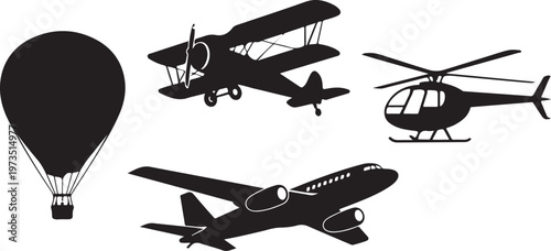 Minimalist black of hot air balloon and airplanes black hot air balloon