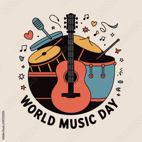 Red acoustic guitar with drums and microphone illustration