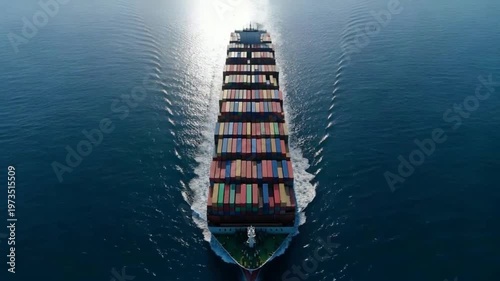 Cinematic Top View of Large Container Cargo Ship Sailing Across Deep Blue Ocean with Colorful Shipping Containers and Smooth Stable Motion