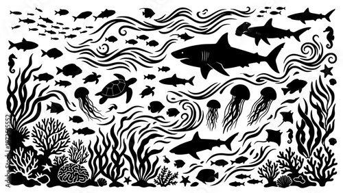 Vektor Ocean Life Silhouette Sheet.svg