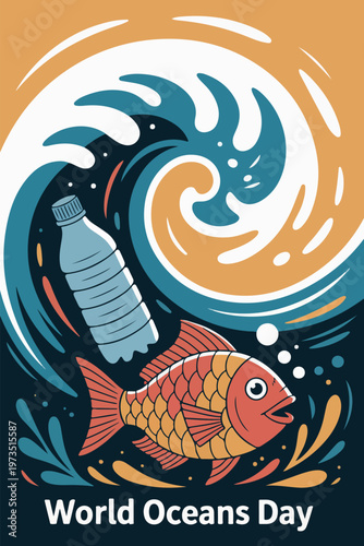 Red fish swims near plastic bottle in swirling ocean waves