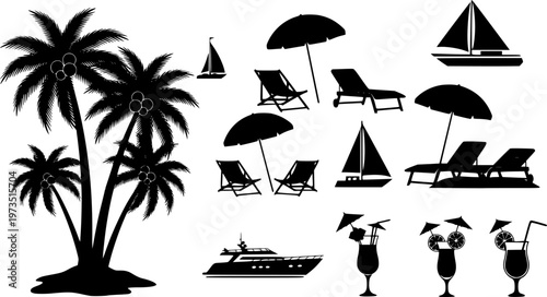 Vector illustration set of silhouette people enjoying summer vacation
