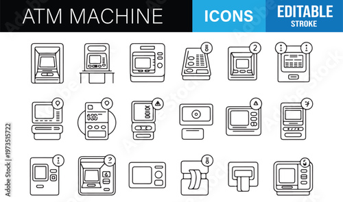 Modern banking terminal icon collection featuring cash machines and transaction devices