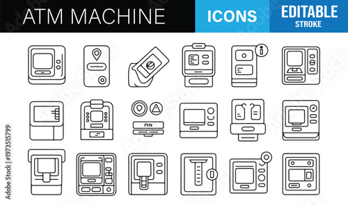 ATM machine and banking line icons set with editable stroke for finance and payment systems
