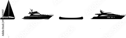 a minimalistic depiction showcasing silhouettes of various watercraft including a sailboat motorboat canoe and yacht on calm waters high quality professional detailed modern elegant stylish clean