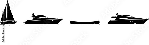 a minimalistic depiction showcasing silhouettes of various watercraft including a sailboat motorboat canoe and yacht on calm waters high quality professional detailed modern elegant stylish clean