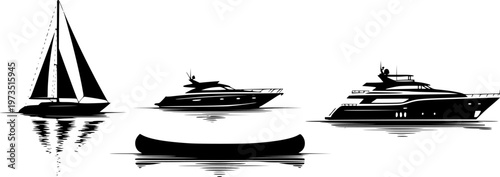 a minimalistic depiction showcasing silhouettes of various watercraft including a sailboat motorboat canoe and yacht on calm waters high quality professional detailed modern elegant stylish clean