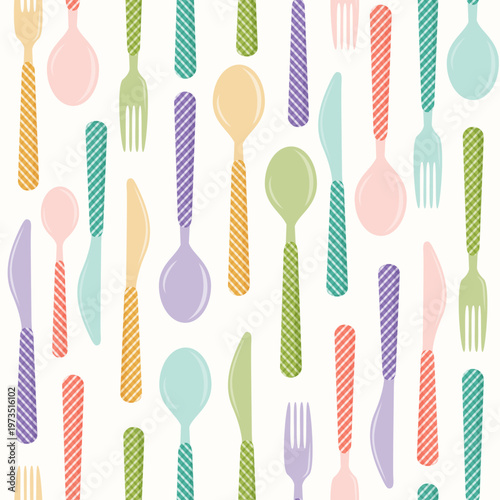 Colorful cultery, spoon, knife, tablespoon and fork, seamless pattern
