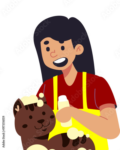 layar 2026-04-05 203110.mp4
Smiling girl bathing and grooming a cute cat with shampoo, warm pet care lifestyle illustration isolated on white background in flat vector style