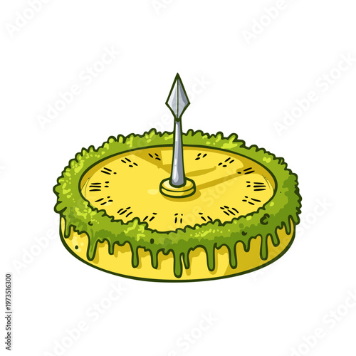 Stylized illustration of a sundial covered in green moss showing the passage of time