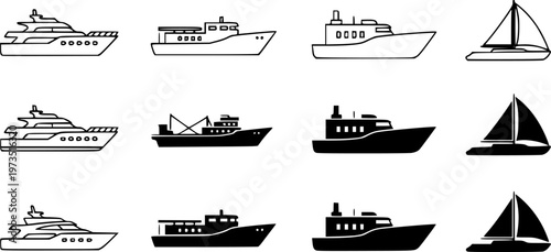 Collection of boat and ship icons in a minimalist style, featuring a yacht, trawler, and sailboat shown as both black line art outlines and solid filled silhouettes