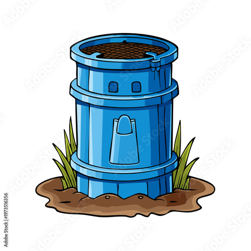 Blue composting bin with soil and grass in a cartoon style for recycling and organic waste management