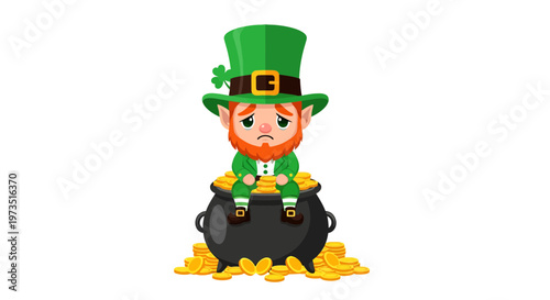 Unhappy Leprechaun Character Sitting on Pot of Gold Vector Illustration. Isolated Cartoon Graphic for St. Patrick's Day, Financial Woes, or Wealth Concepts.