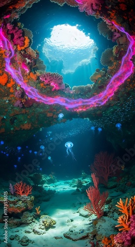 Underwater Paradise - A Vibrant Coral Reef with Jellyfish and Sunlit Cave.