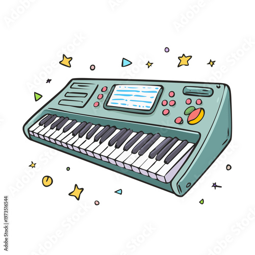 Modern Electronic Keyboard with Colorful Music Notes and Stars