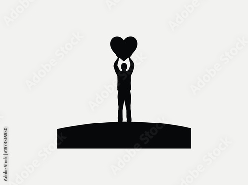 A silhouette of a person standing on a small hill and holding a black heart above their head.