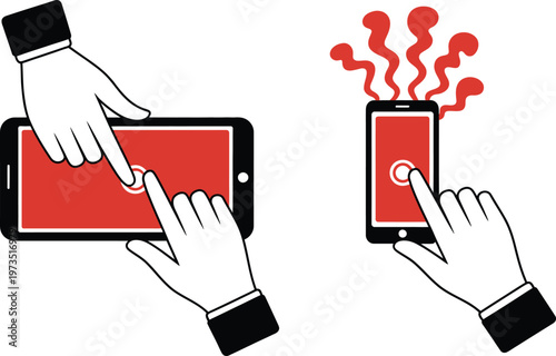 Hands Interacting with Touchscreen Devices, One Overheating