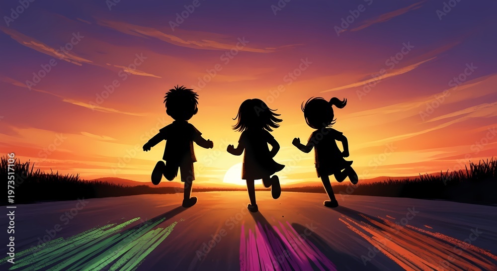 Fototapeta premium Nostalgic crayon illustration of children running through a field, capturing warm childhood memories.