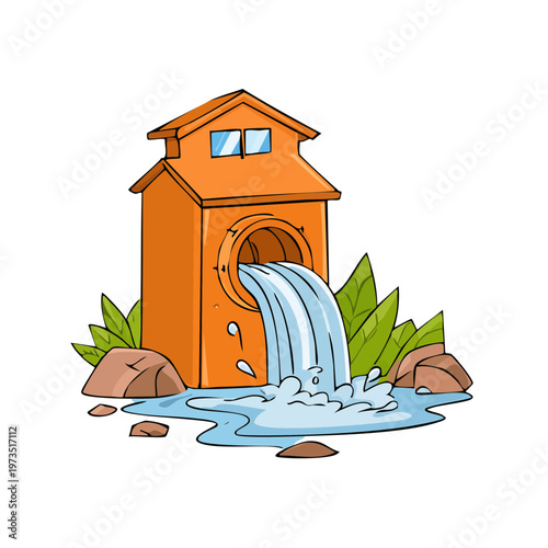 Cartoon illustration of water flowing out of a structure, representing drainage or a fountain