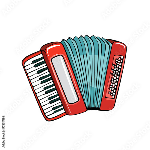 Vibrant red accordion musical instrument with keyboard and bellows
