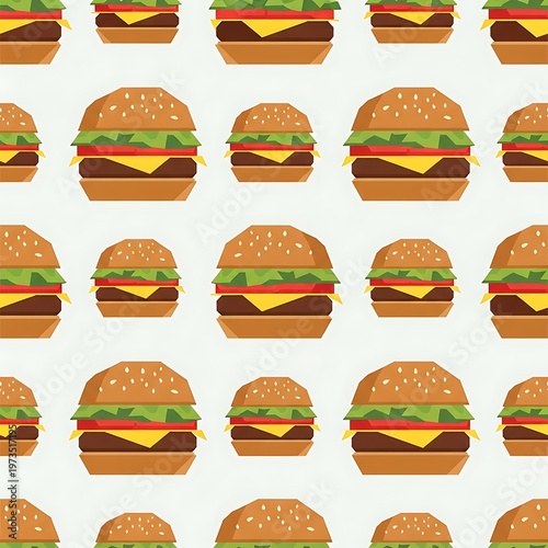 Pattern of cheeseburgers on white background.