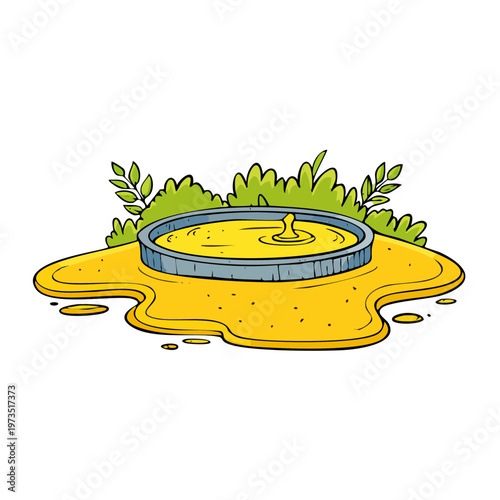 Yellow liquid puddle with a ring and a splash in the middle, surrounded by green bushes
