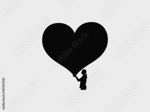 A minimalist black silhouette of a person holding up a large heart shape against a grey backdrop