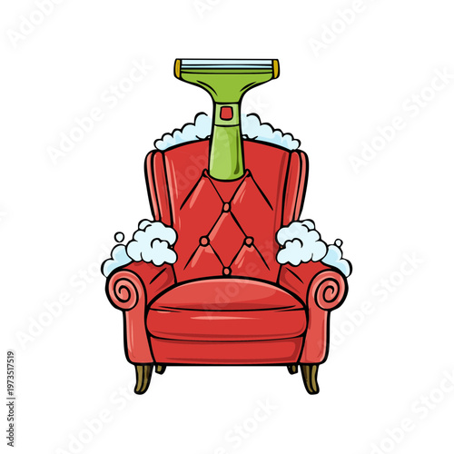 Cartoon armchair with squeegee and soap bubbles symbolizing cleaning and tidiness