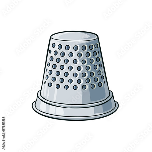 Silver thimble with many small circular perforations on a white background