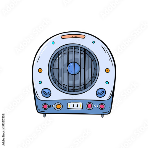 Retro personal air cooler fan with nostalgic design and cool blue accents, cartoon style illustration
