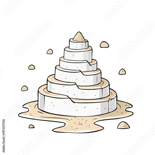 Whimsical cartoon layered sand castle with small sand mounds around it on a white background