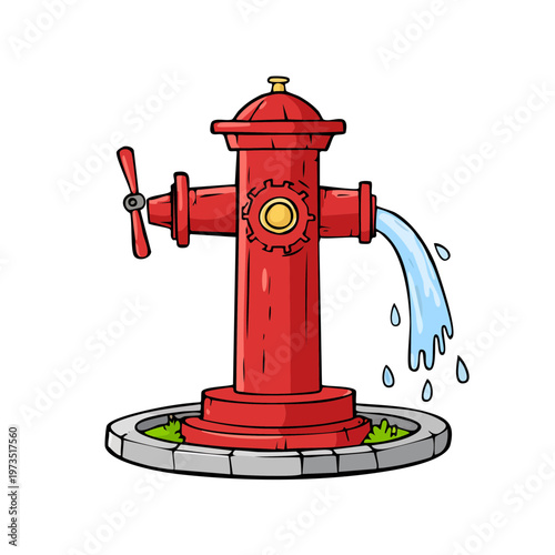 Cartoon illustration of a red fire hydrant with water flowing from one spout onto green grass