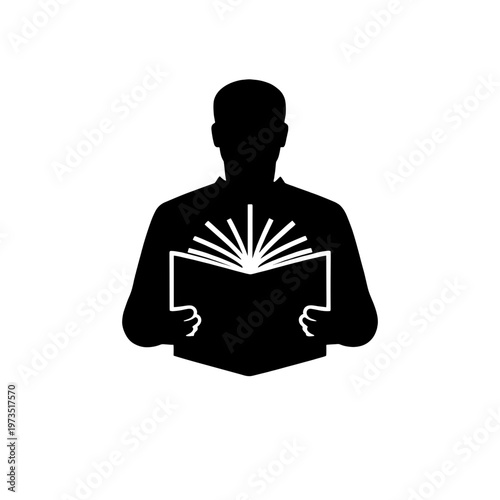 Human silhouette holding an open book emitting light rays in minimal solid style. Concept of knowledge enlightenment, inspiration and intellectual awakening, vector, no background