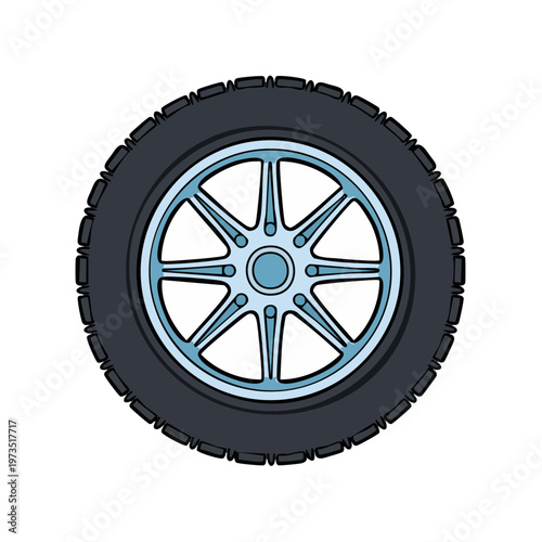Modern Car Tire and Alloy Wheel with Silver Spokes Isolated on White