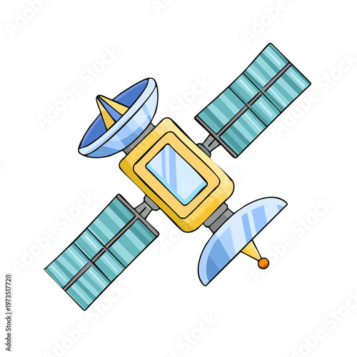 Stylized cartoon orbital satellite with solar panels and dish antenna in outer space