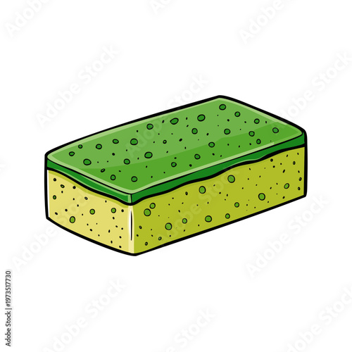 Isolated cartoon illustration of a rectangular green and yellow cleaning sponge with textured surface