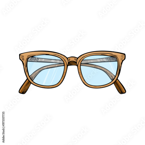 Classic brown framed eyeglasses with clear blue lenses rendered in a hand drawn artistic style