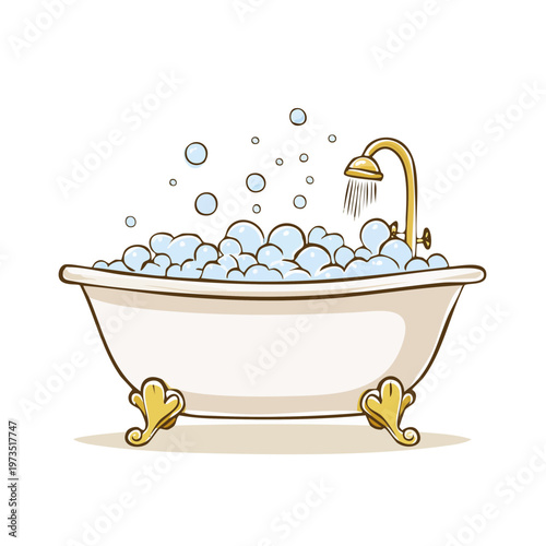 A vintage clawfoot bathtub overflows with bubbly foam under a golden shower faucet with water streams and soap bubbles