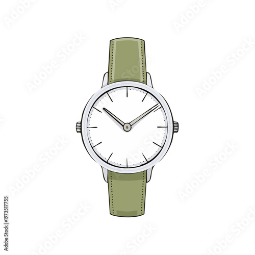 Minimalist Wristwatch with Green Leather Strap and White Dial